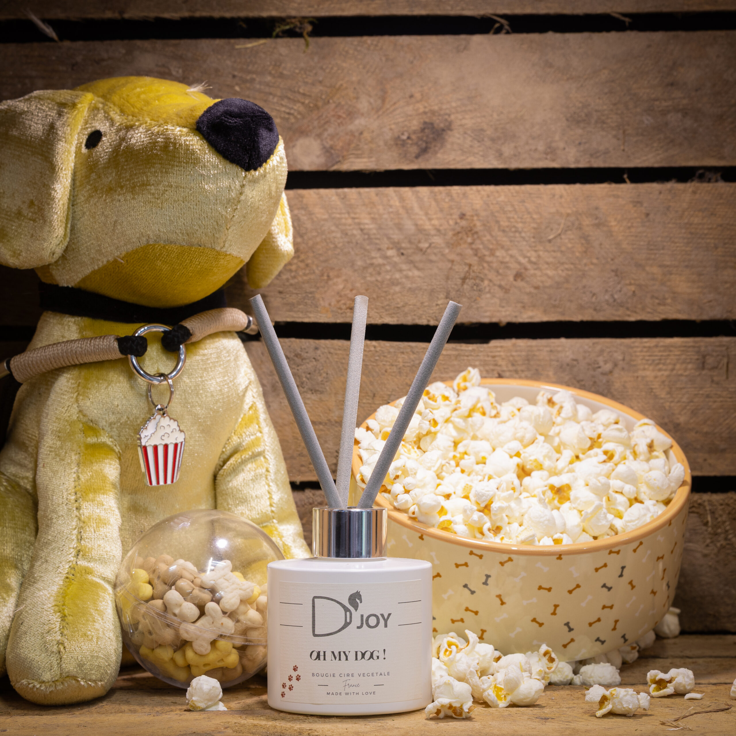 Flacon diffuseur de parfum d'intérieur Chien Oh My Dog par D'Joy, avec bâtonnets en bois, senteur pop corn caramel.