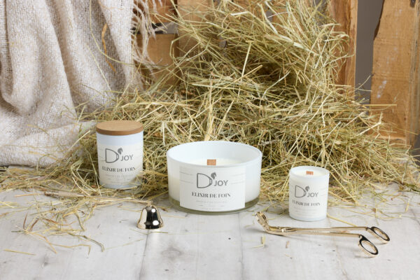 Bougie artisanale Élixir de Foin D'Joy, senteur foin et tilleul, cire de soja naturelle, fabrication Bourgogne, Cadeau cavalier original, bougie parfumée foin tilleul, idée cadeau passionné cheval D'Joy