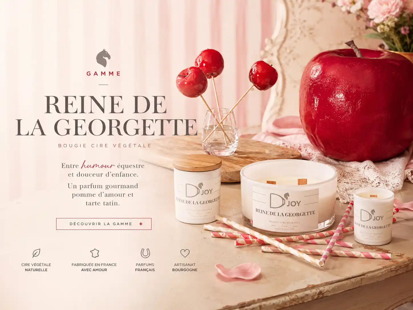 Bougie cheval D'Joy Reine de la Georgette 400g, 3 mèches en bois crépitantes, décoration cheval à bascule en cire végétale, humour équitation