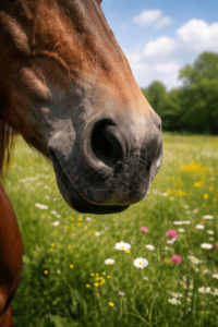 Nez de cheval en gros plan dans une prairie printanière